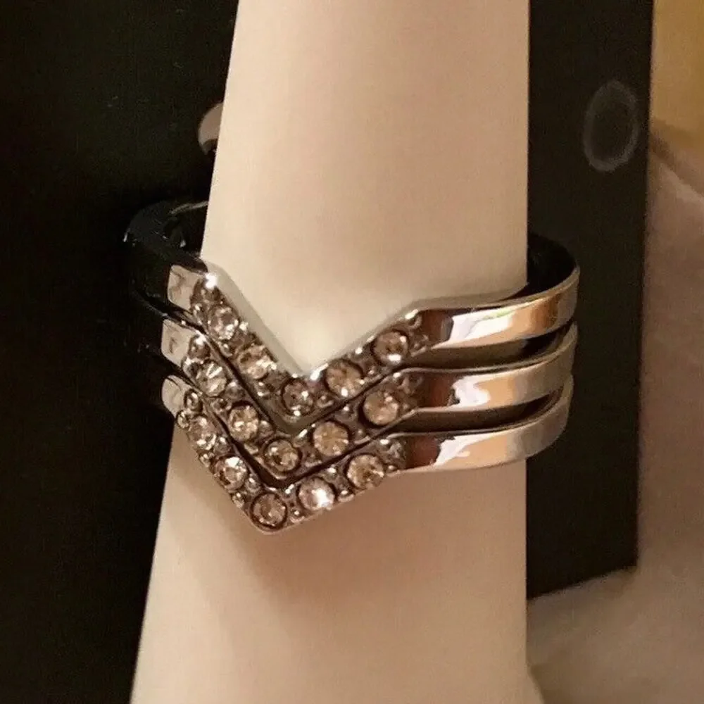 Rebecca Minkoff Crystal CZ Chevron Ring Set Of 3 Rings Size 7 Rhodium Plated New